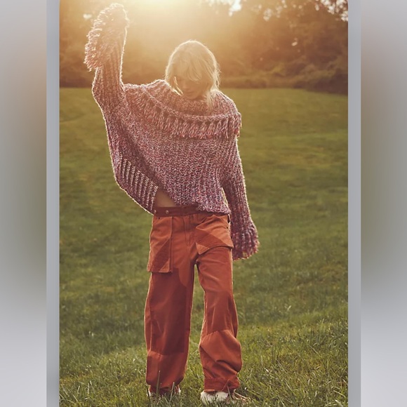 Free People One Kinsley Fringe Woven Cowl Neck Foldover Sweater - Picture 2 of 6